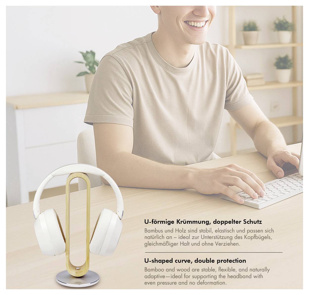 'Bamboo and wood are stable, flexible, and naturally adaptive—ideal for supporting the headband with even pressure and no deformation.' Headphones on a stand next to a person at a desk.