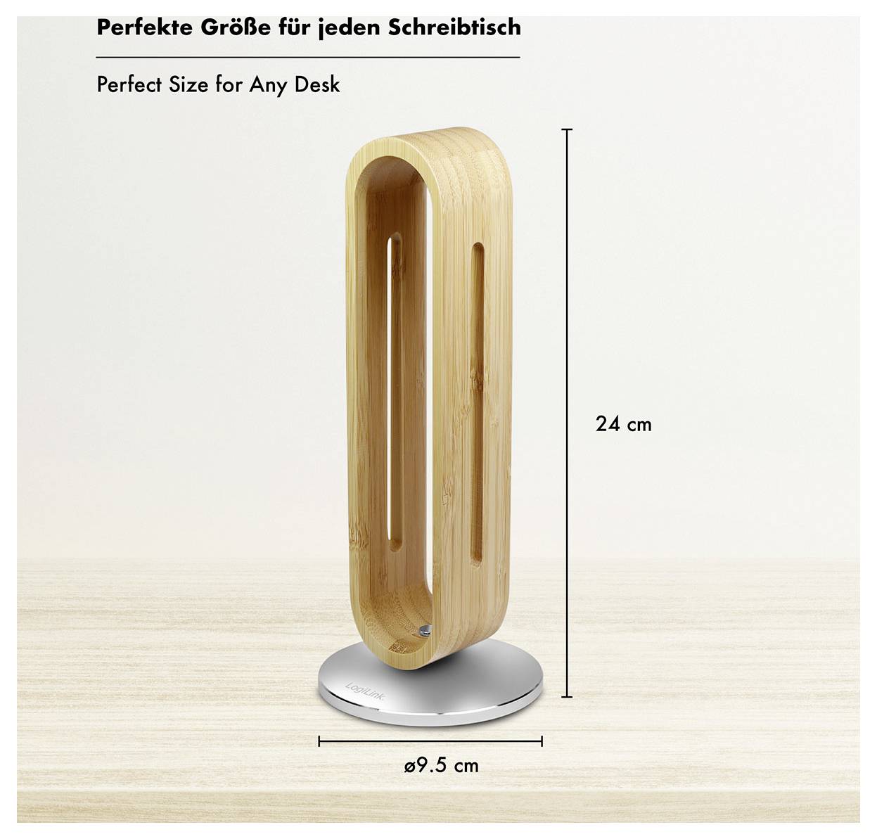 A cylindrical wooden desk organizer, 24 cm tall with a 9.5 cm diameter, shown on a light wooden surface. Text says 'Perfect Size for Any Desk'.