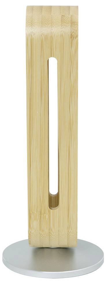 'A wooden vertical holder with a slot in the center, standing on a round metal base.'