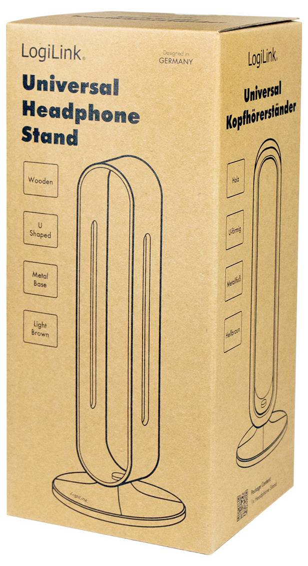 'LogiLink Universal Headphone Stand' packaging with design outline of the stand. Features listed: wooden, U-shaped, metal base, light brown.