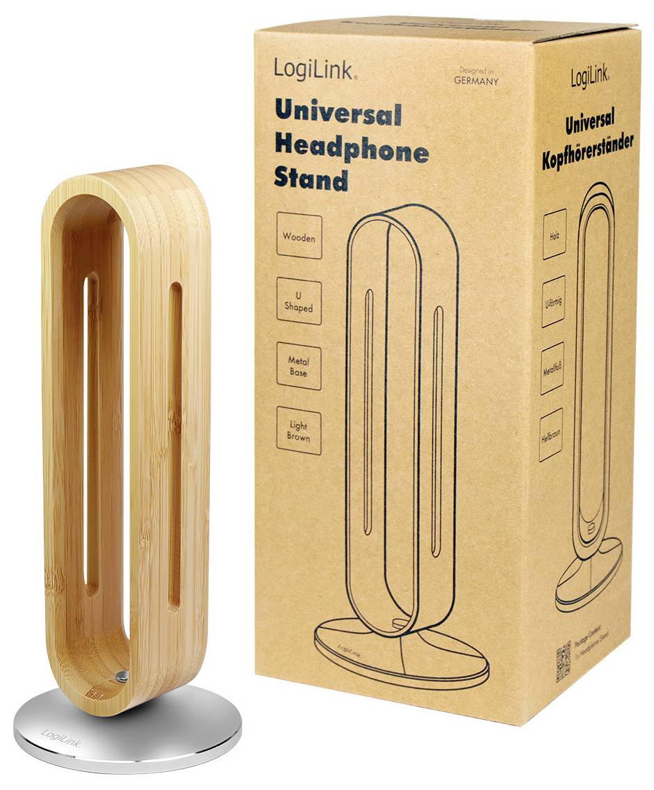 Bamboo headphone stand with a U shape and metal base next to its box labeled 'LogiLink Universal Headphone Stand.'