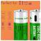 Two green USB-C rechargeable Li-Ion AAA batteries on an orange background with icons indicating high capacity, cable included, and LED indicator.