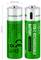 'Image of two green and silver AAA USB-C rechargeable batteries side by side, showing branding, specifications, and warnings in small text.'