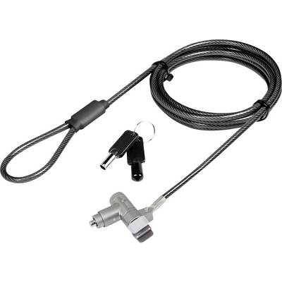 A security cable lock with two keys is shown, designed to secure laptops or other electronics. The cable is metal and the lock is compact.