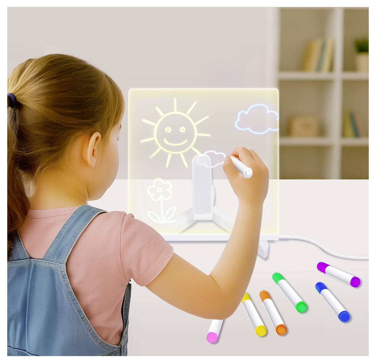 A young girl draws with colored markers on an illuminated drawing pad, depicting a sun and clouds. Other markers lie on the table.