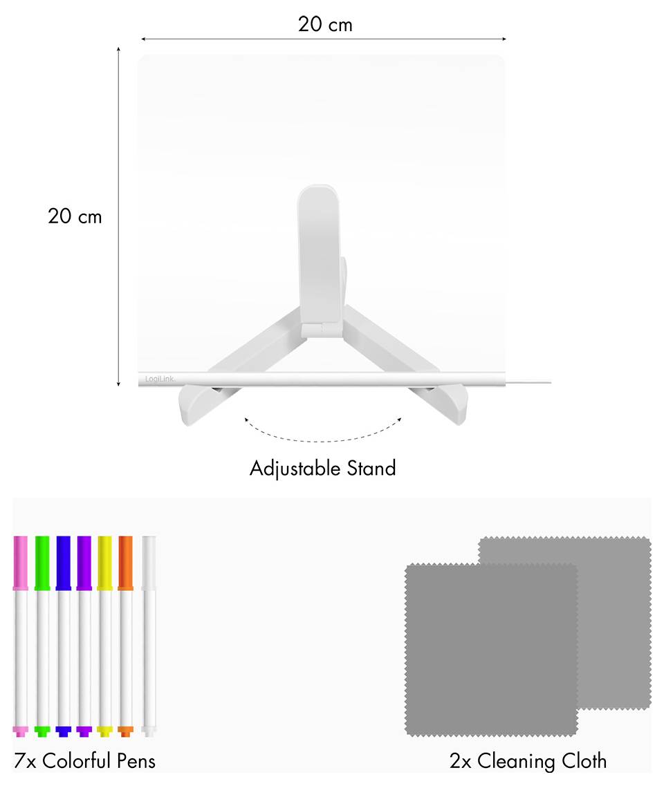 '20 cm x 20 cm whiteboard with adjustable stand, includes 7 colorful pens and 2 cleaning cloths.'