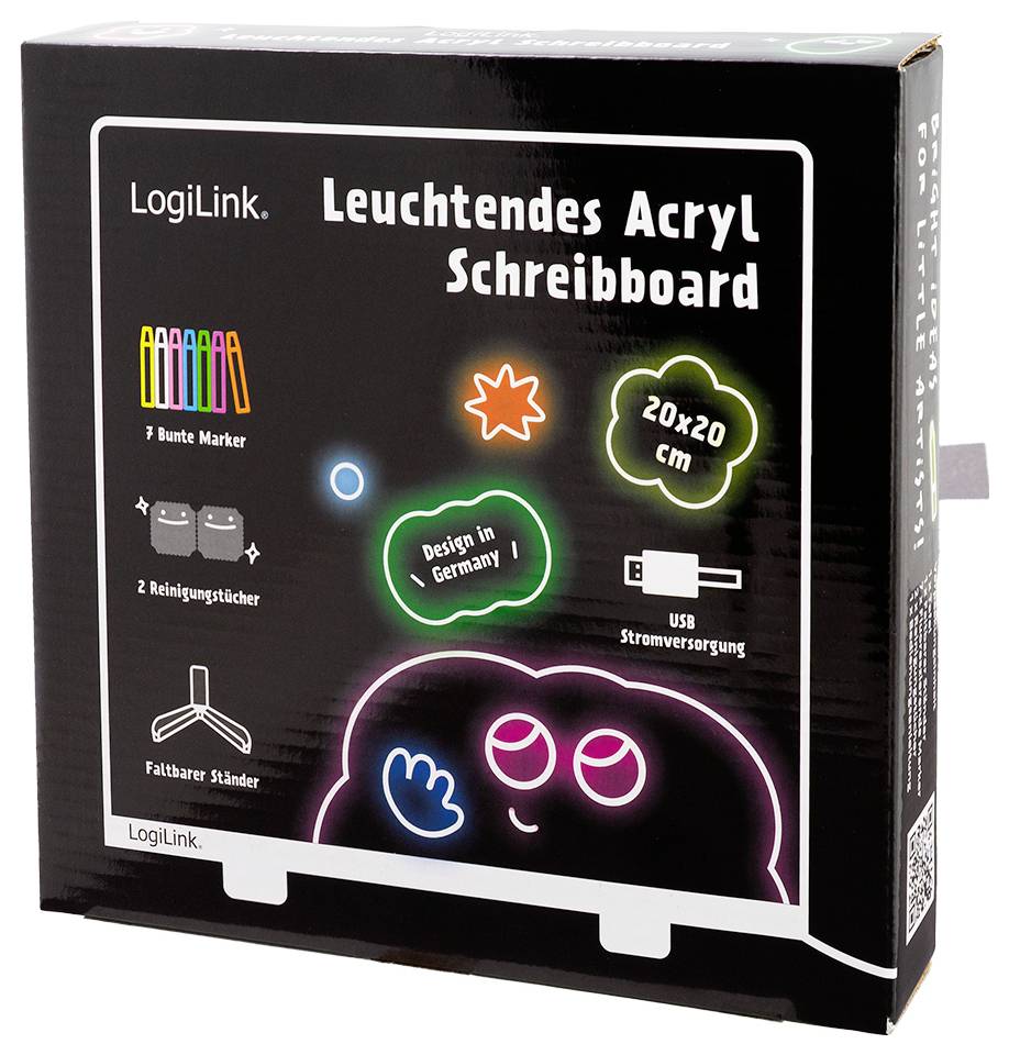 Box of a LogiLink acrylic writing board with glowing design, includes 7 colored markers, 2 cleaning cloths, and a foldable stand.