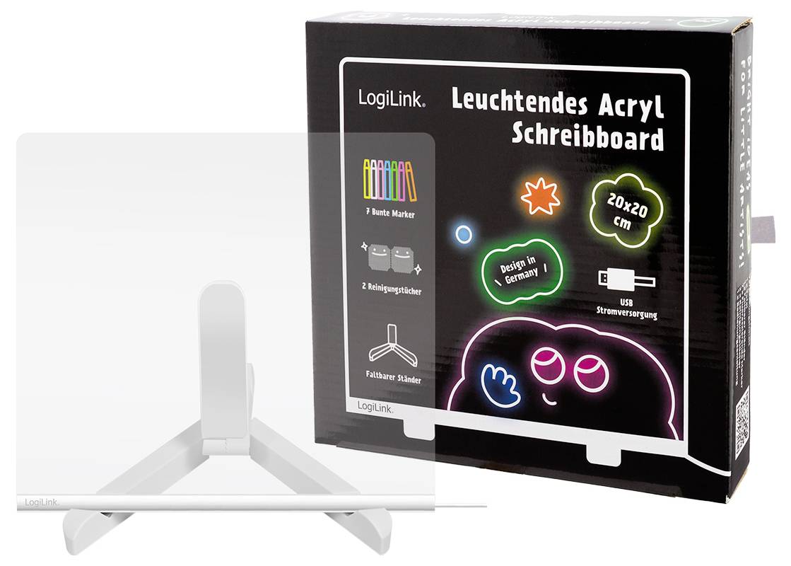 LogiLink glowing acrylic writing board packaging, showing design features like USB power and included accessories, next to board stand.