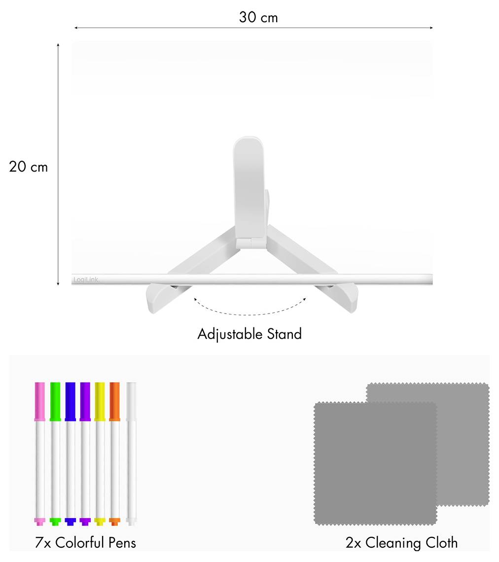 'Adjustable Stand' with dimensions 30 cm x 20 cm shown. Includes 7 colorful pens and 2 cleaning cloths.