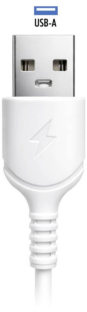 A USB-A plug with a white cable, featuring a lightning icon on the connector, typically used for data transfer or charging.