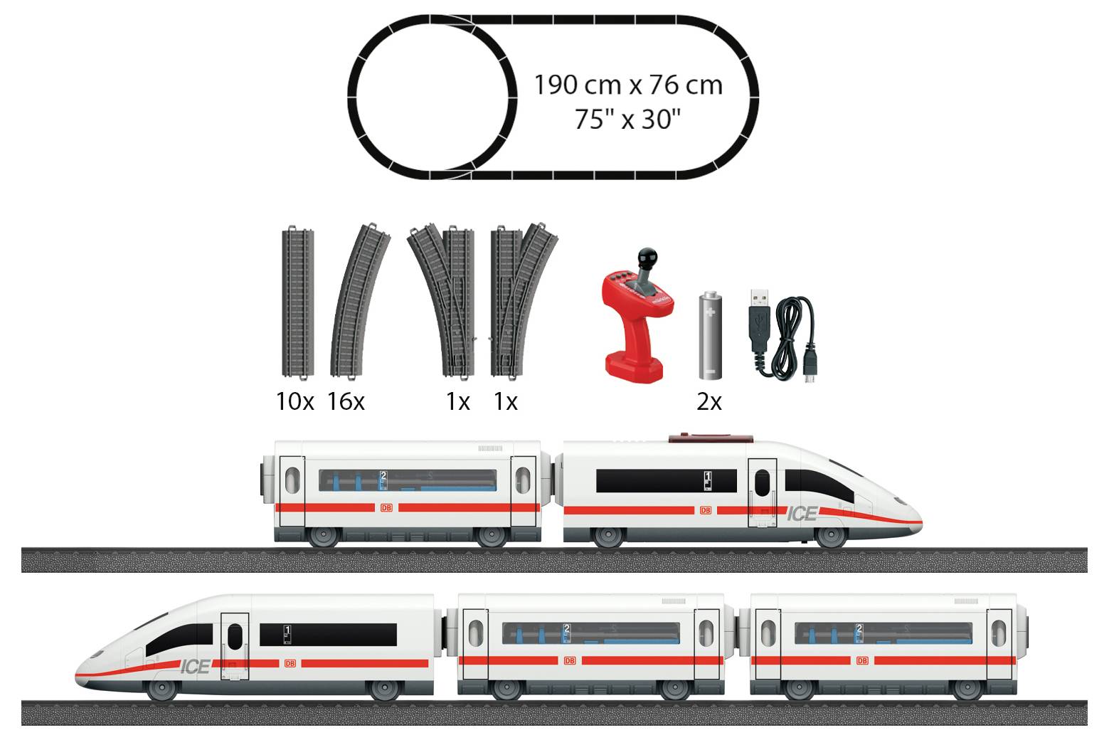 Model train set with an oval track layout measuring 190 cm by 76 cm, various track pieces, a controller, USB charger, and train with three cars.