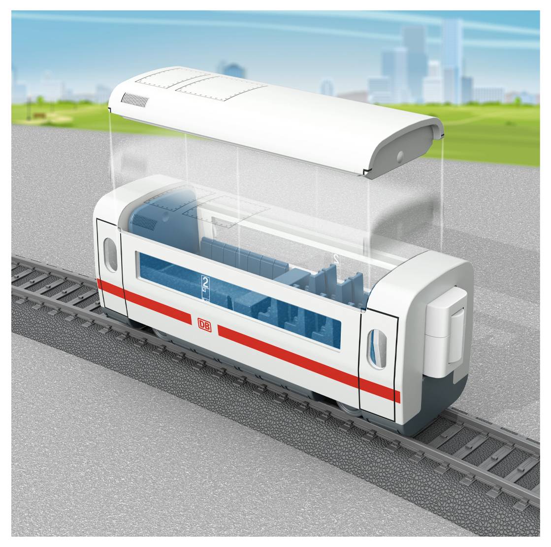 A model of a modern white train with a red stripe on a track, featuring a detachable roof, against a blurred cityscape background.
