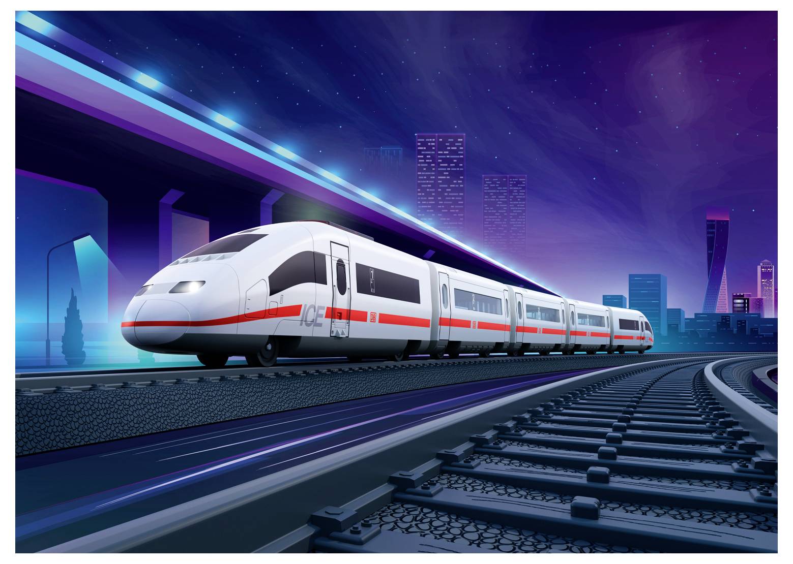 A futuristic high-speed train travels on illuminated tracks with a city skyline in the background, showcasing modern transportation.