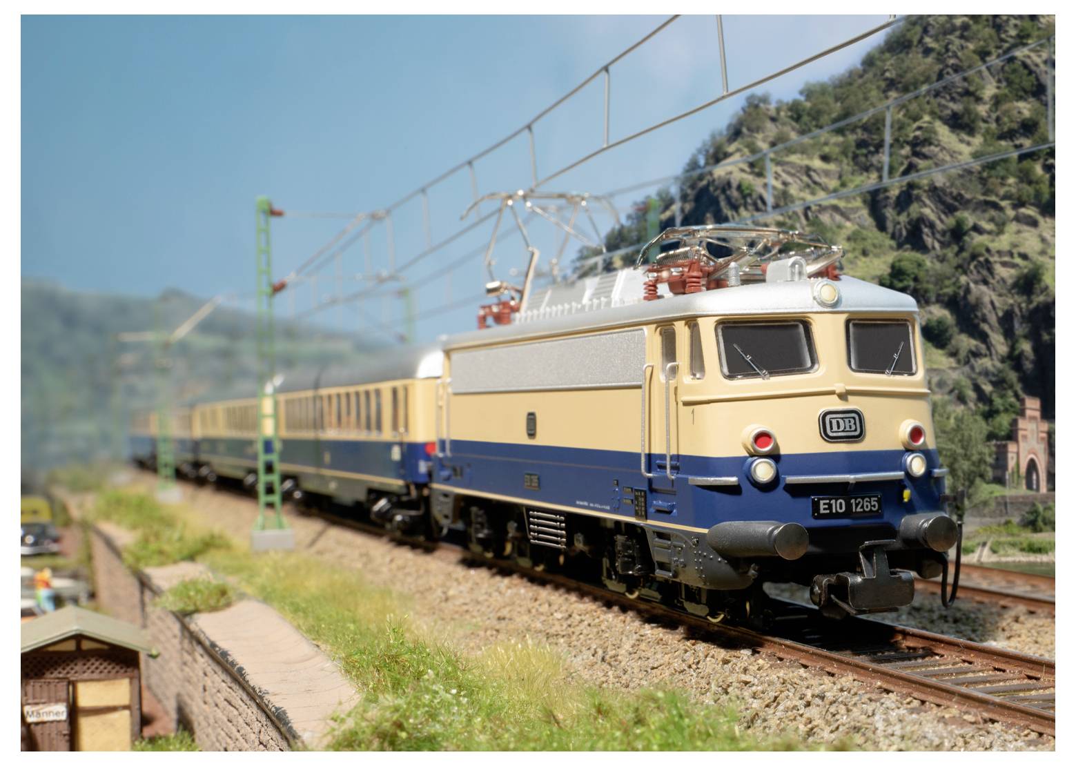 A model train on a track in a detailed outdoor setting with trees, hills, and electric lines, showcasing a realistic railway scene.