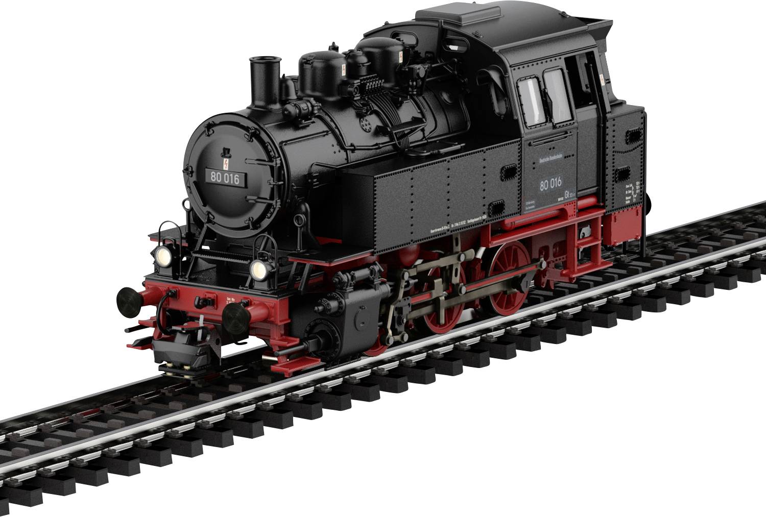 A model of a vintage steam locomotive on a short stretch of track, showcasing intricate details and classic black and red design.
