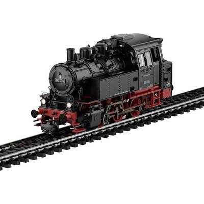 A model of a vintage steam locomotive on a short stretch of track, showcasing intricate details and classic black and red design.