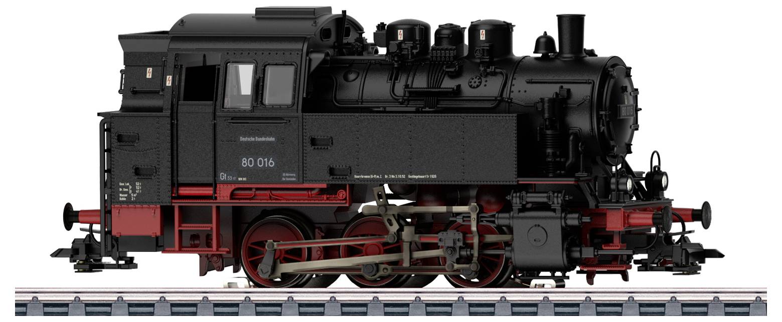 A detailed model of a black steam locomotive with red wheels on a track, showcasing intricate mechanical components and design.