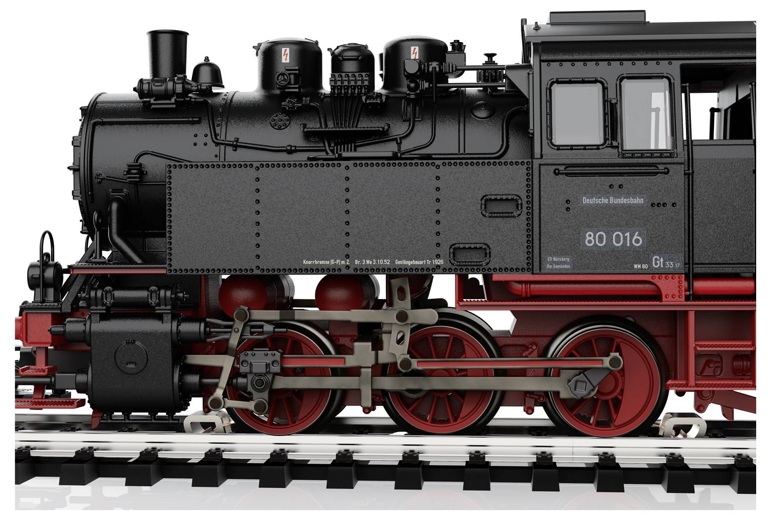 A detailed model of a black and red steam locomotive on tracks, showing intricate gears, wheels, and a cabin, labeled '80 016'.