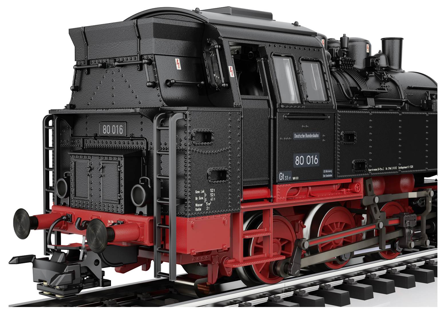 A detailed model of a vintage black and red steam locomotive, highlighting intricate mechanical parts and realistic textures, on display.