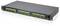 'A black fiber optic patch panel with multiple green connectors arranged in two rows, used for network and telecommunications applications.'