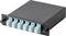 A black metal fiber optic patch panel with six LC connectors, numbered 1 to 6, for network cable management.