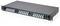 A black network patch panel with multiple optical fiber ports, arranged in two rows, used for organizing and managing fiber optic cables.