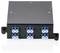 A black optical fiber patch panel with three labeled ports, each containing four blue and white connectors.