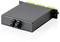 'Fiber optic splice tray, black rectangular design with green connectors, used for organizing and protecting optical fibers in telecommunications.'