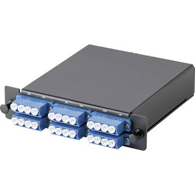 A rectangular black panel with eight blue fiber optic cable connectors, labeled C1 to C4 and L1 to L4, are mounted on the front.