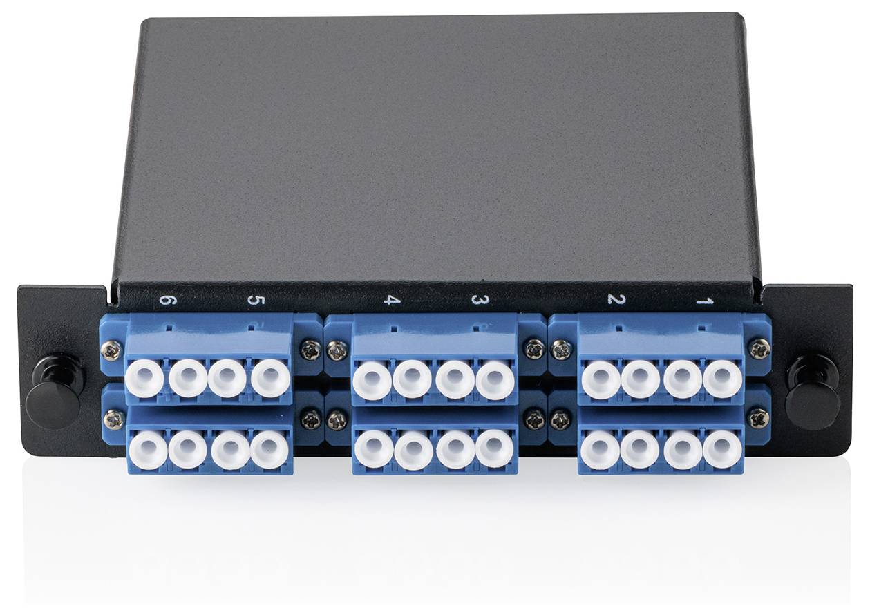 A black rectangular fiber optic patch panel with eight blue connector ports, numbered 1 to 8, used for networking.