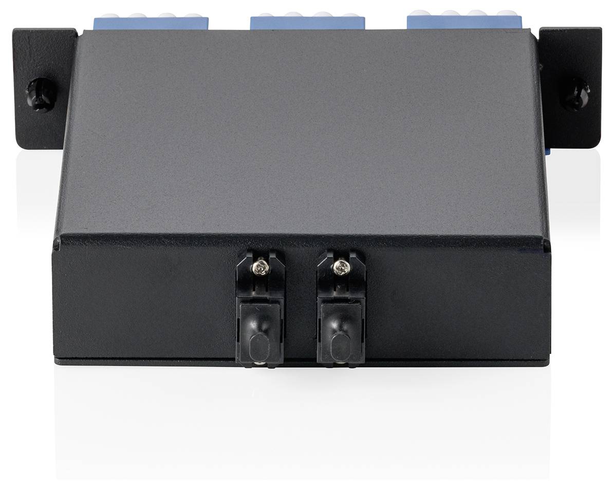 A black electronic device with two visible front ports, mounted on a bracket. The device appears to be part of a network or telecommunications setup.