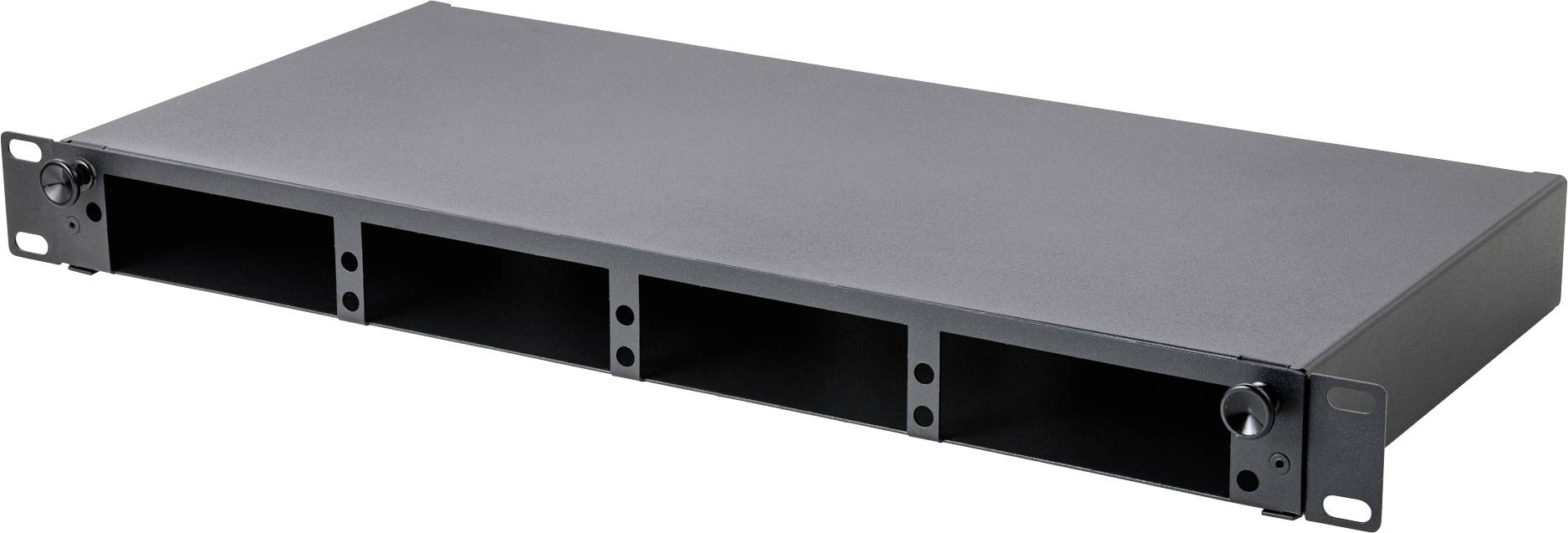 A black rackmount shelf with three open slots, designed for organizing or storing electronic equipment in a server or audio rack.