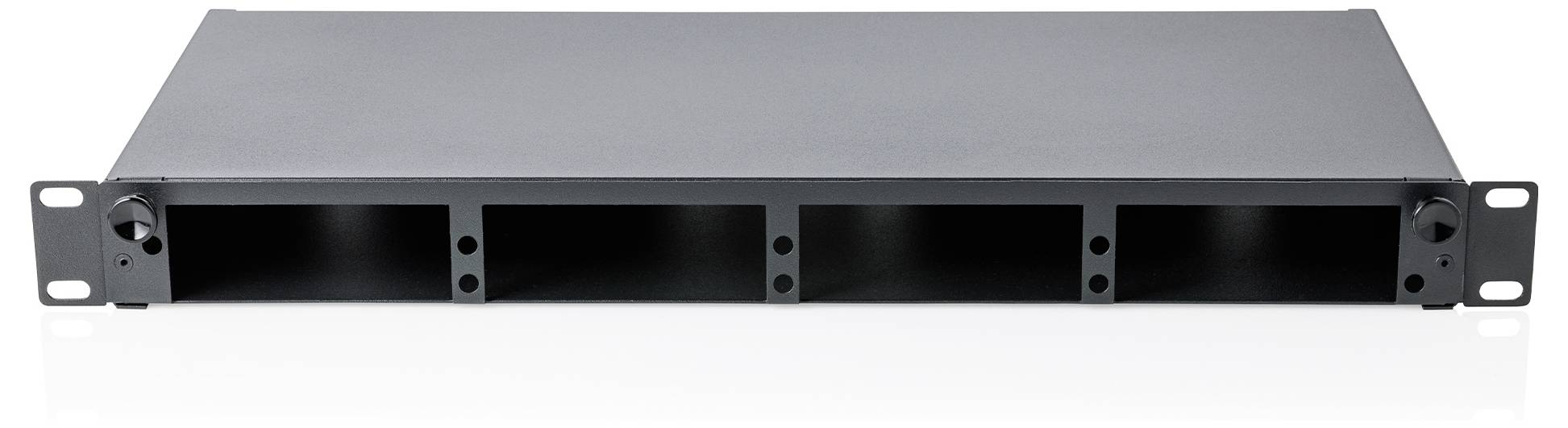 A black metal rackmount panel with four empty compartments for mounting network or audio equipment, featuring side mounting brackets.