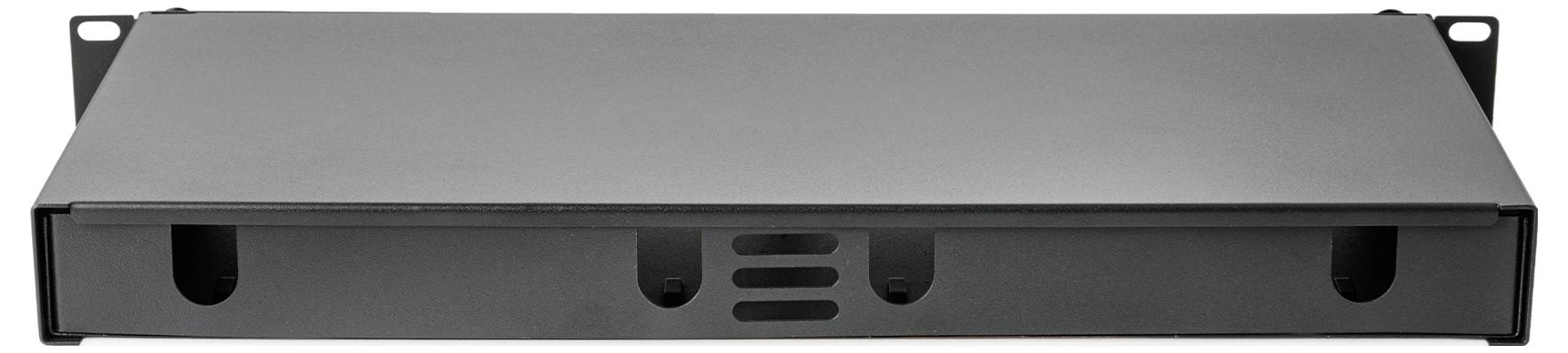 A black rack-mounted network server box with ventilation slots, designed for organizing and managing data center cables efficiently.