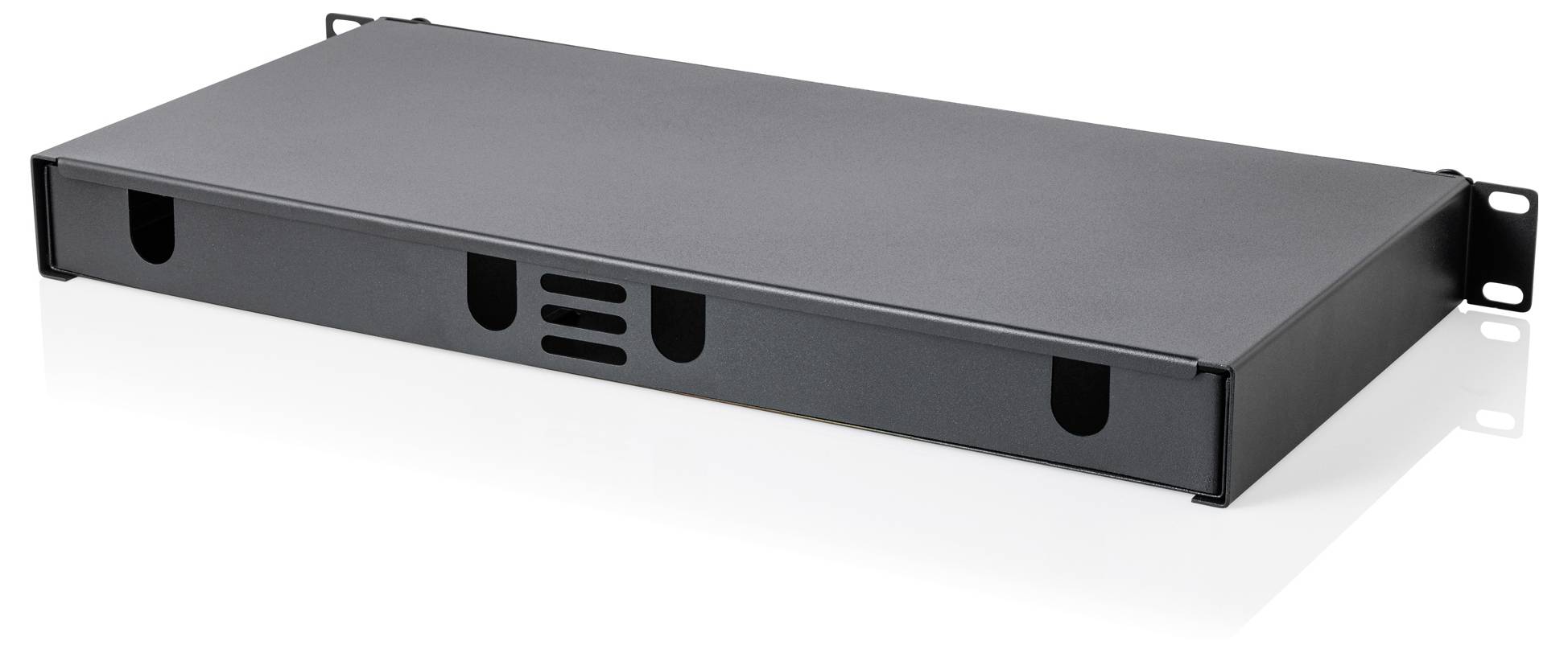 A black, rectangular, metal rackmount enclosure with ventilation slots, used for housing electronic equipment in server racks.