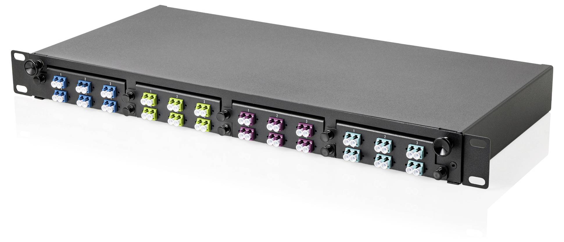 A black rack-mounted fiber optic patch panel with multiple color-coded fiber connections is shown, used for organizing and routing fiber cables.