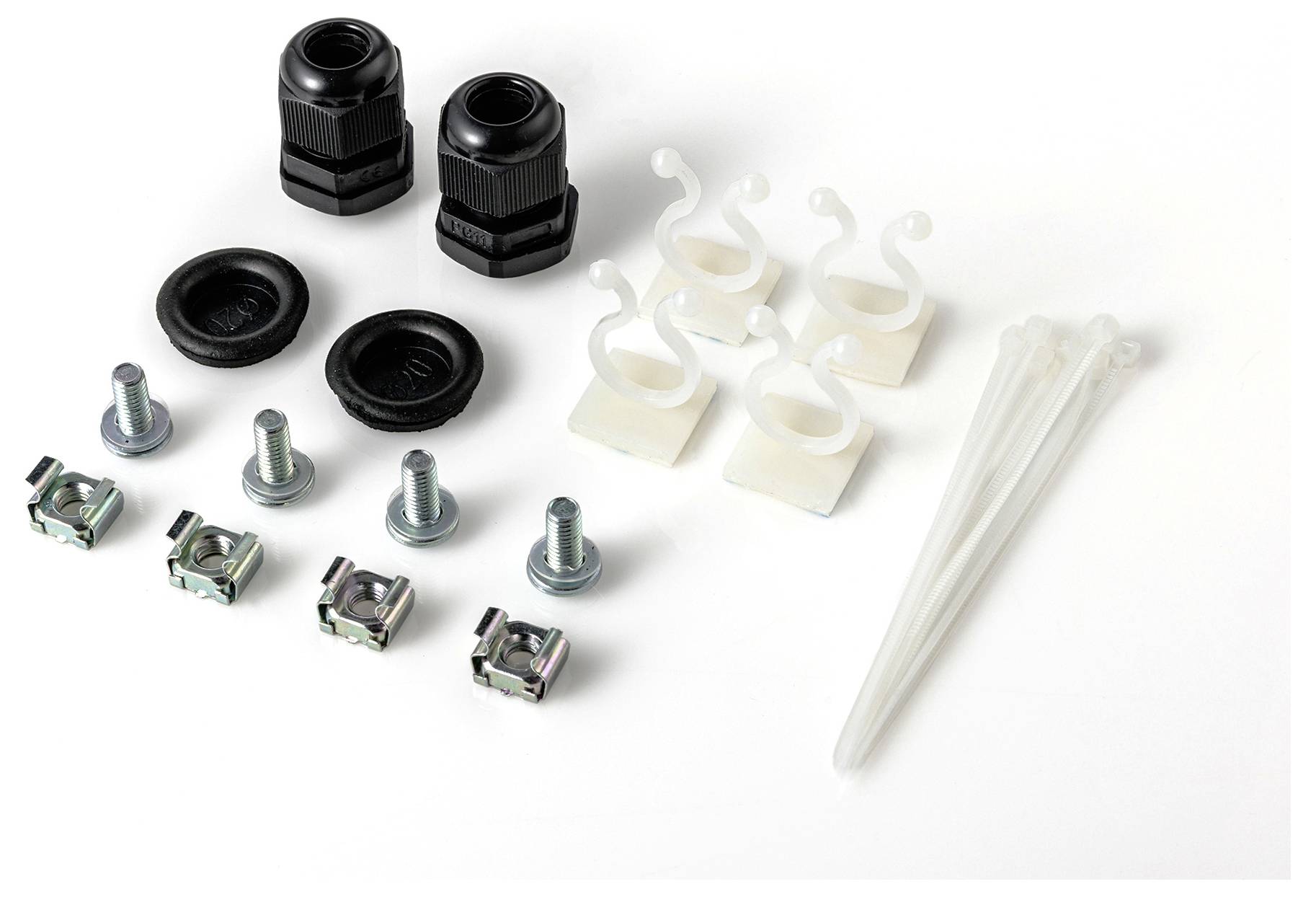 Assorted assembly components including bolts, cable ties, hooks, and grommets, used for organizing and securing cabling.