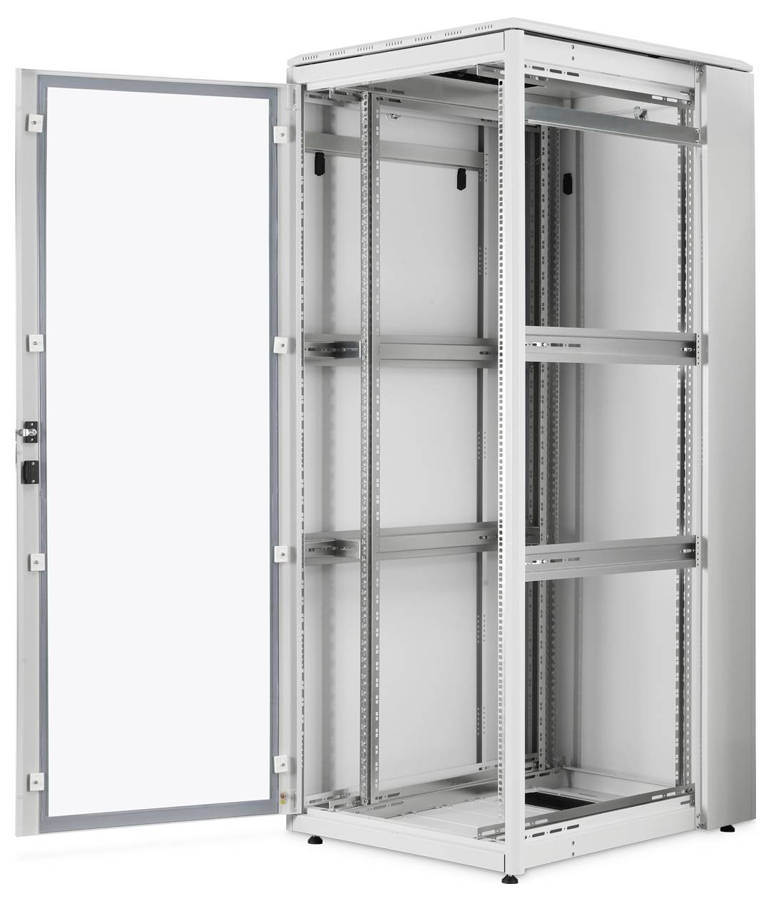 Open server rack cabinet with front glass door, metal frame, and several internal shelving units visible.