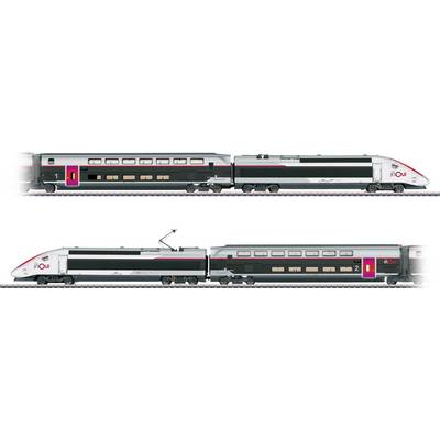 High-speed train with two connected cars on parallel tracks. The train is sleek with red, black, and gray design, displaying 'inOui' branding.