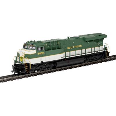 A green and white train engine labeled 'Southern' with the number '8099', on railway tracks, viewed from the front-left angle.