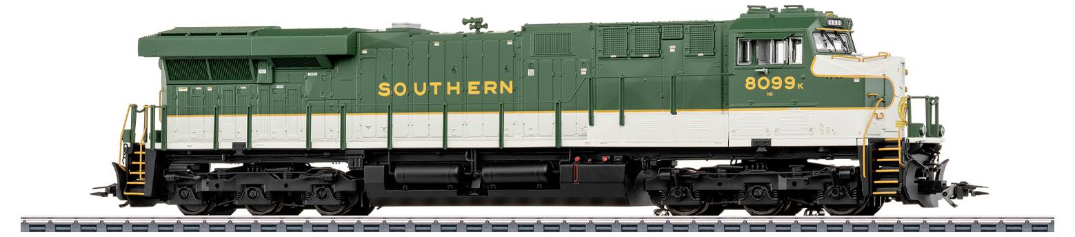 Green and white train on tracks with 'Southern' in yellow letters on the side.