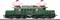A model of a green electric train engine with red pantographs on overhead wires, standing on a section of track.
