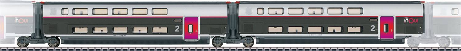 'Side view of a modern high-speed train with two connected passenger cars, displaying sleek design and large windows, on a track.'