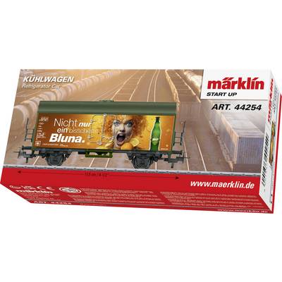 'KÜHLWAGEN Refrigerator Car' Märklin model labeled 'ART. 44254' features vibrant advertising for 'Bluna' with an expressive person and drink.