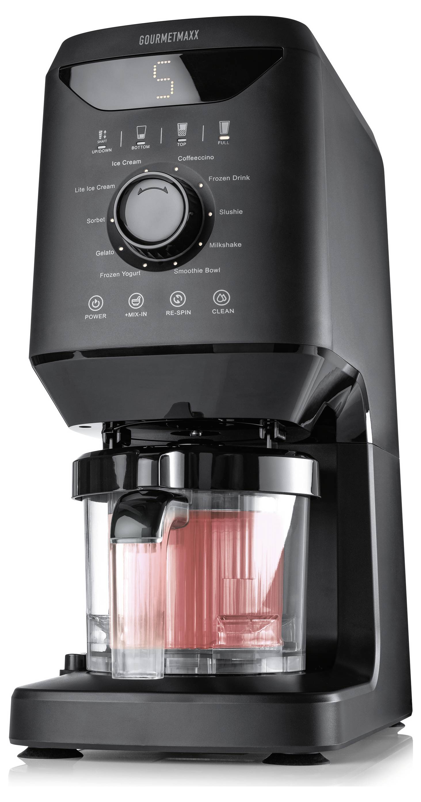A black ice cream and dessert maker with multiple function buttons and settings for various frozen treats. A red dessert is visible inside.