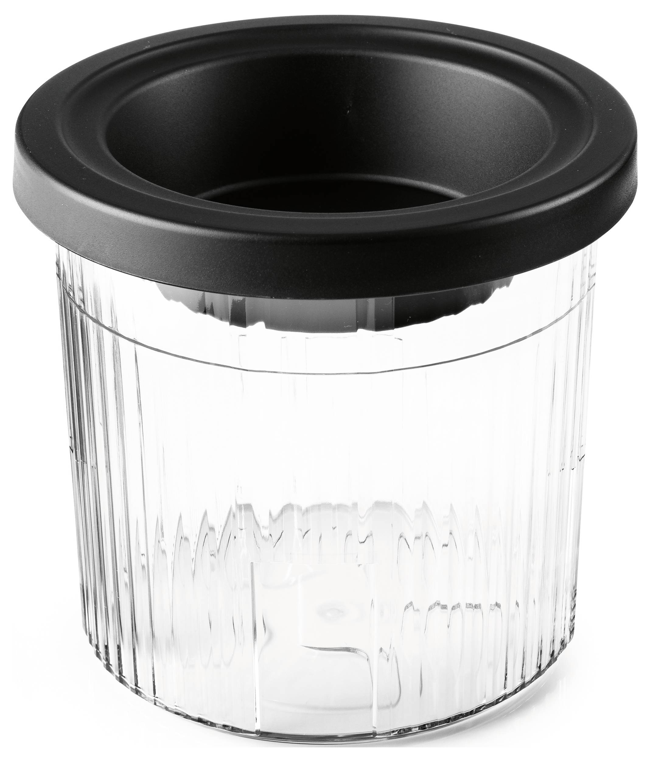 A black and clear glass container with vertical ridges and a deep round black lid, likely used for storage or organization.