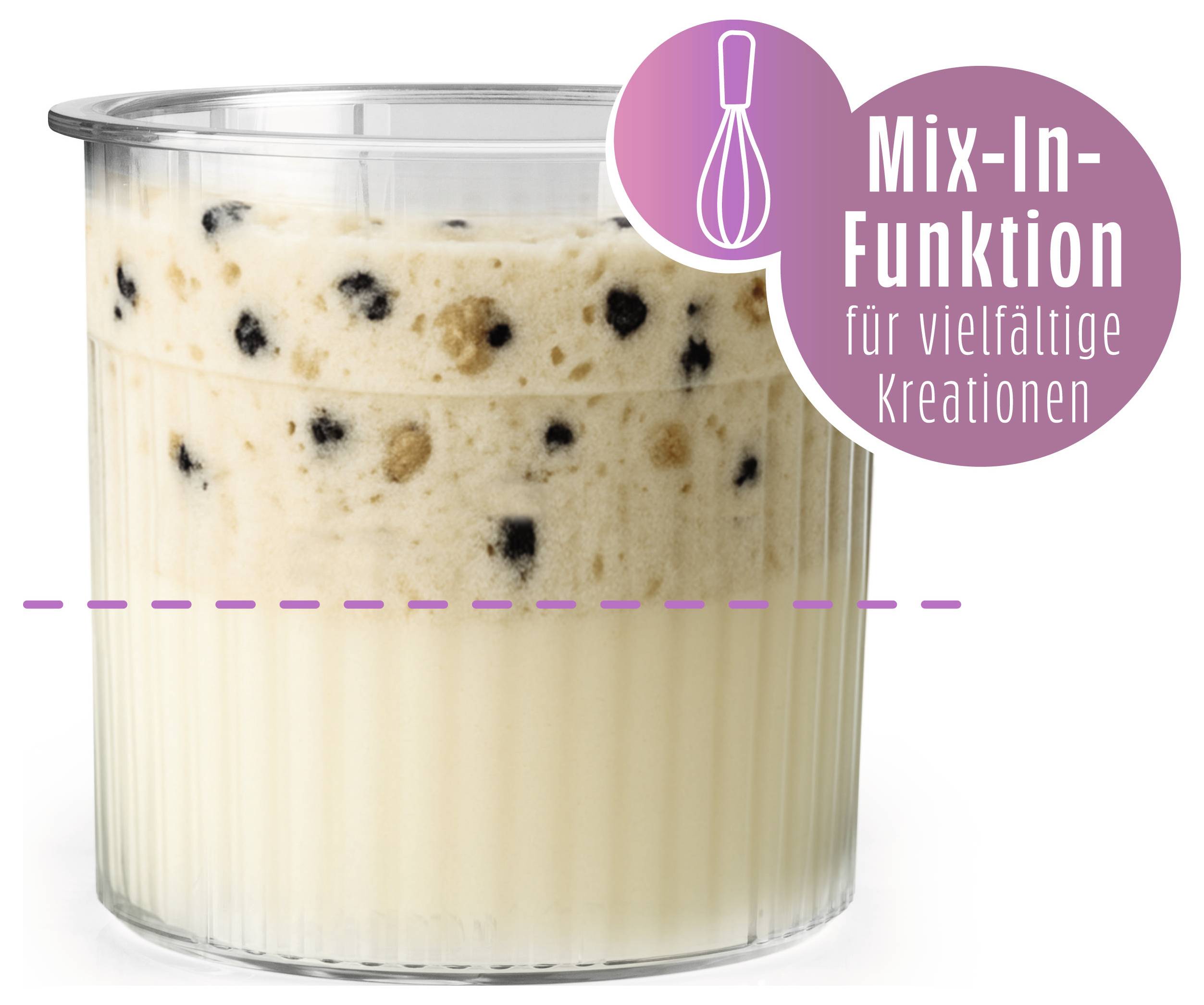 A clear container filled with layered ice cream and mix-ins, such as chocolate chips and cookie dough. Text reads 'Mix-In-Funktion für vielfältige Kreationen'.