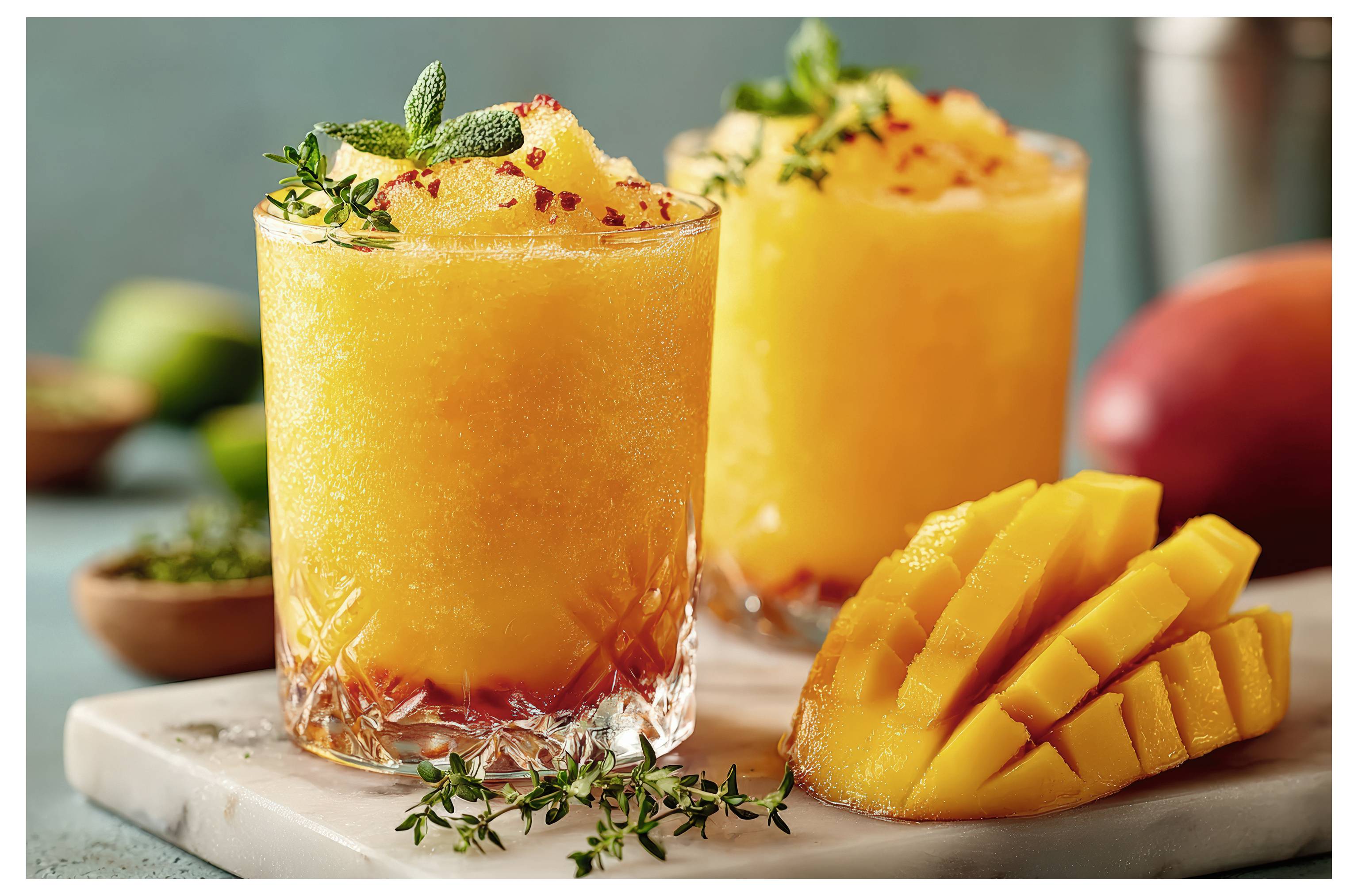 Two glasses of mango slush topped with herbs, beside sliced mango on a marble slab. Refreshing and vibrant summer drink setting.