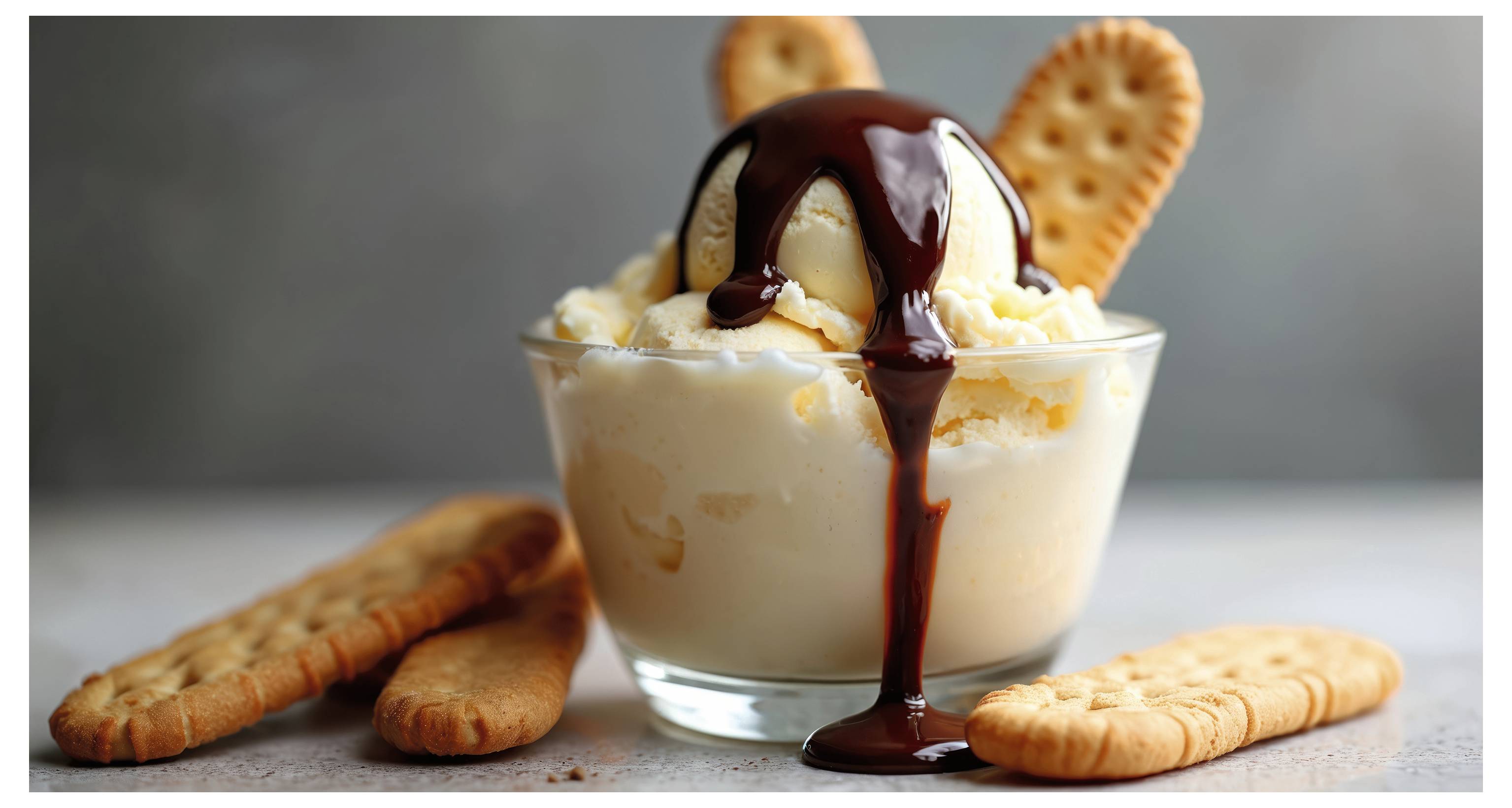 A glass bowl of vanilla ice cream topped with chocolate sauce, surrounded by several biscuits, on a gray surface.