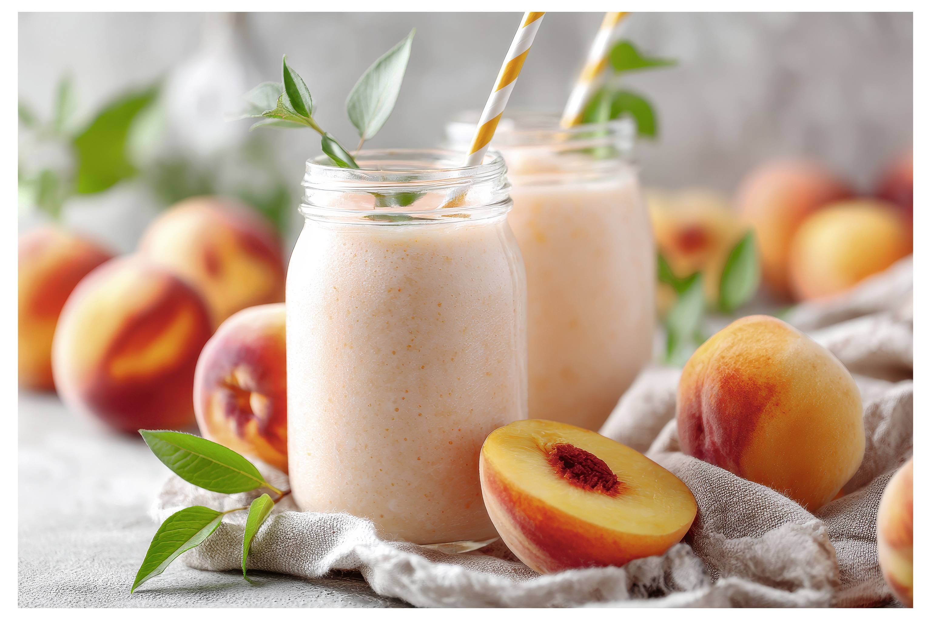 Two peach smoothies in jars with striped straws are surrounded by fresh peaches and leaves on a light fabric.